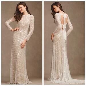 Watters Mia Beaded Wedding Dress Sheer Open Back Long Sleeve Gown 6